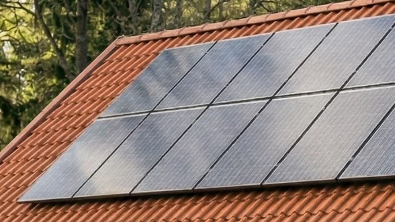 Hus med solceller på taket och en utomhusenhet för värmepump