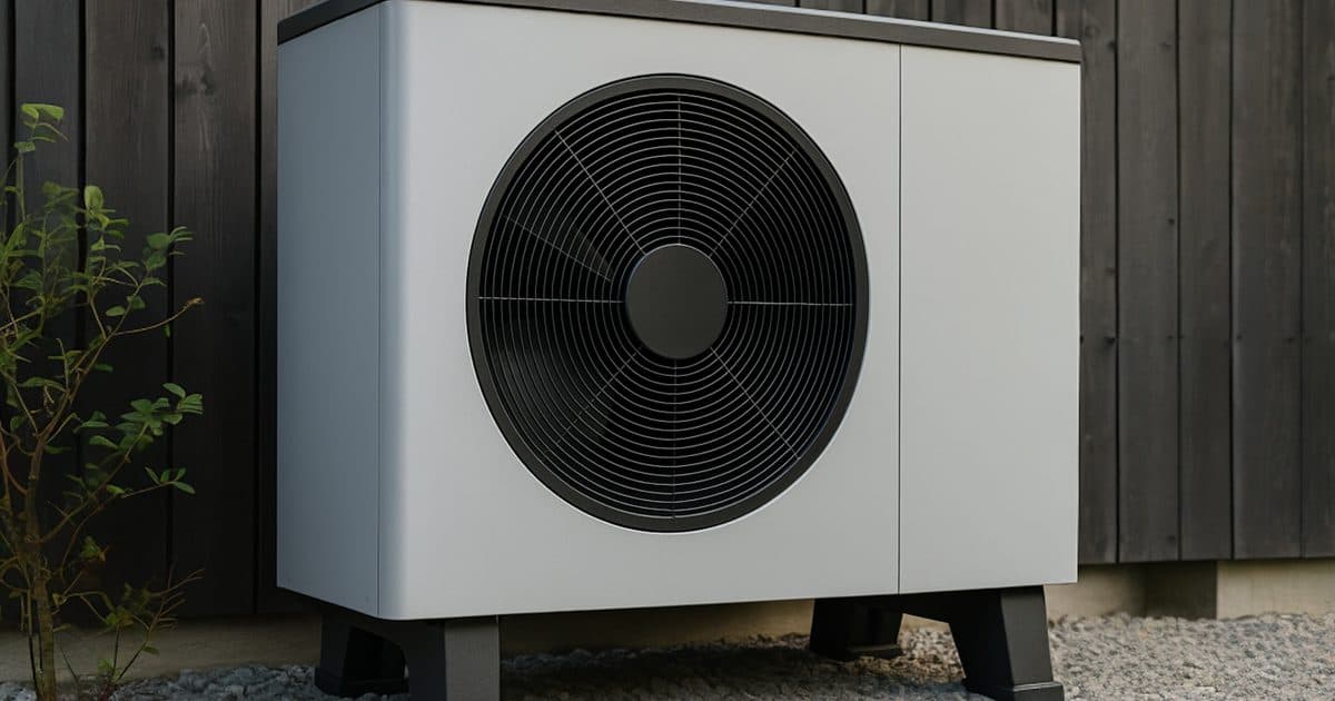Outdoor unit of an air-to-water heat pump installed beside a dark-clad building